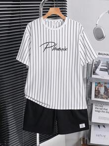 SHEIN Conjunto de camiseta de cuello redondo a rayas suave y pantalones cortos para adolescentes varones, de estilo universitario casual, cómodo, minimalista y práctico, adecuado para uso diario, escuela, salidas, deportes y fiestas de vacaciones - Blanco - Ver 5
