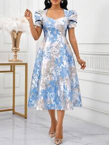 SHEIN Lady 女士花卉提花甜心领花瓣袖优雅连衣裙 - 彩色 - 查看 6