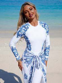 Swim Mulvari Bộ đồ bơi liền thân dài tay Burkini dành cho nữ, có kèm váy, thích hợp cho mùa xuân/hè, đi biển, dự tiệc. - Xanh và trắng - Xem 3