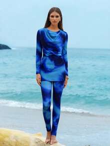 Swim Shayni 女士蓝色扎染波西米亚风印花深V领连衣裙，全包臀布基尼两件式泳衣，时尚夏季沙滩装 - 藍色 - 查看 3