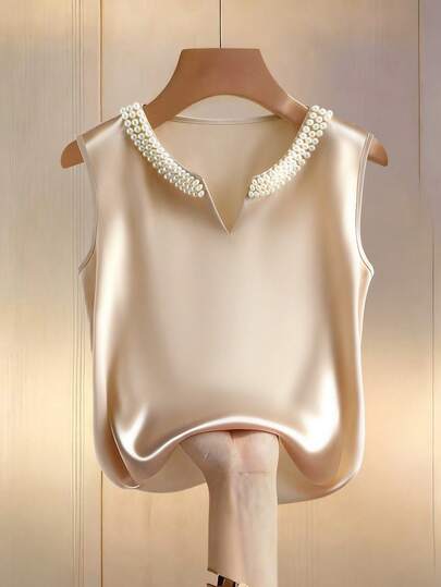 GlowEve 女士圆领无袖修身腰部仿珍珠装饰优雅通勤甜美约会浪漫适合婚礼，新款夏季香槟色衬衫