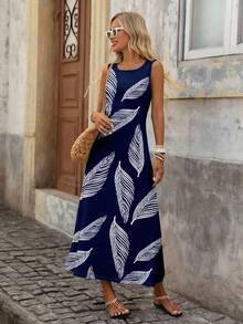 Brillora 休闲简约度假波西米亚风优雅浪漫复古羽毛靛蓝印花图案舒适女士中长连衣裙，适合春夏穿着 - 彩色 - 查看 6