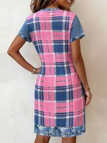 EMERY ROSE Đầm ngắn tay ngắn cổ tròn dáng suông họa tiết denim kẻ caro phong cách mùa hè dành cho nữ, thích hợp cho lễ hội, công sở, mặc hàng ngày hoặc hẹn hò lãng mạn. - Hồng - Xem 2