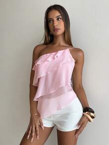 Aloruh 春夏新款优雅浪漫约会之夜情人节婚礼季粉色雪纺单肩露背层叠荷叶边上衣，性感沙滩荷叶边上衣，婚礼，优雅浪漫粉色衬衫 - 粉色 - 查看 6