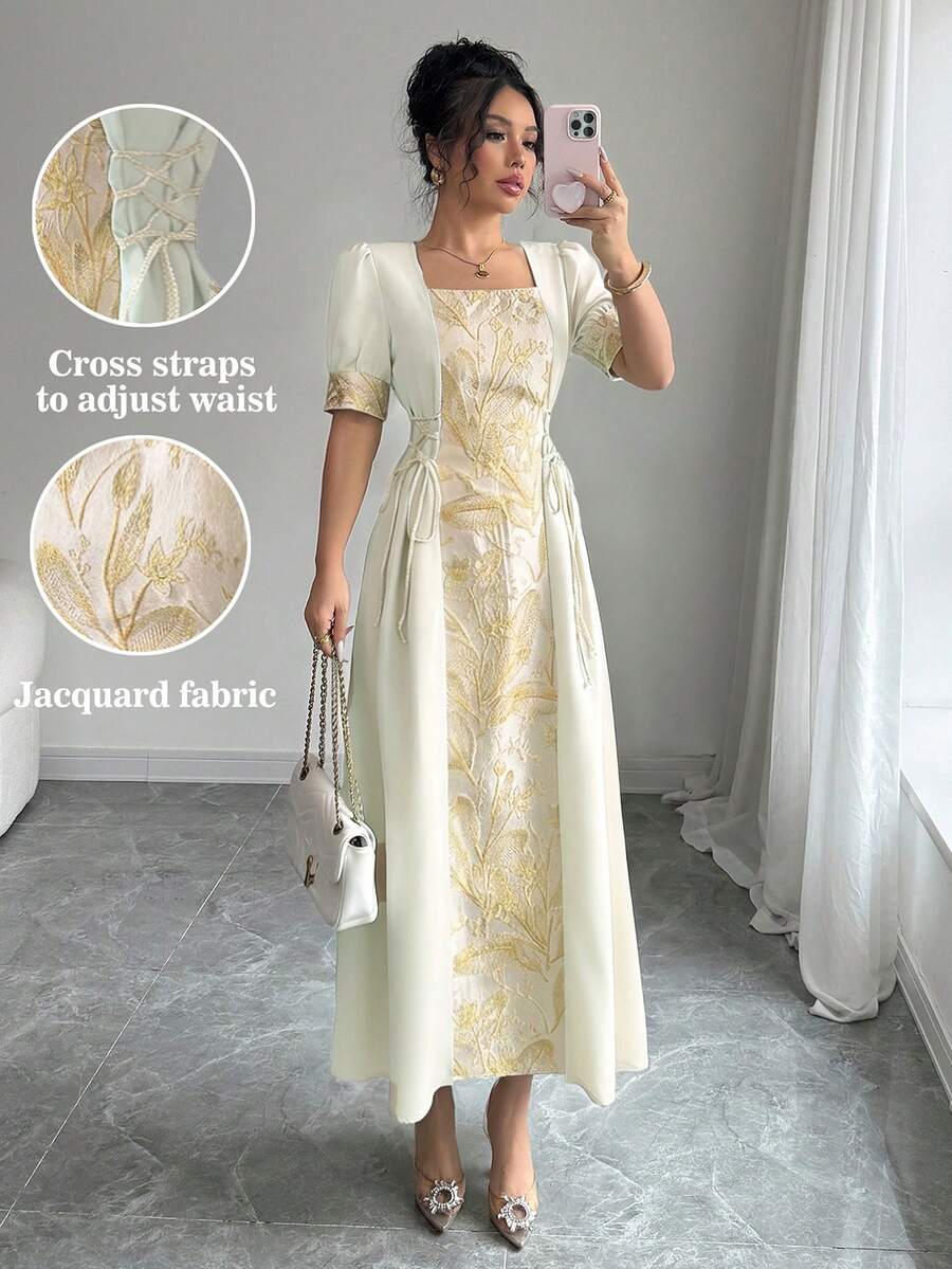 Elenzga 优雅提花拼接抽绳系领连衣裙（女款） - 米色 - 查看 1