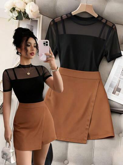 GlowEve 女士黑色网纱拼接短袖T恤和不对称半裙两件套