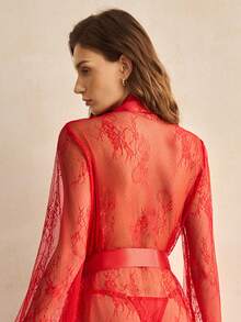 Red Lace Sexy Long Sleeve Robe For Women - Red - View 2