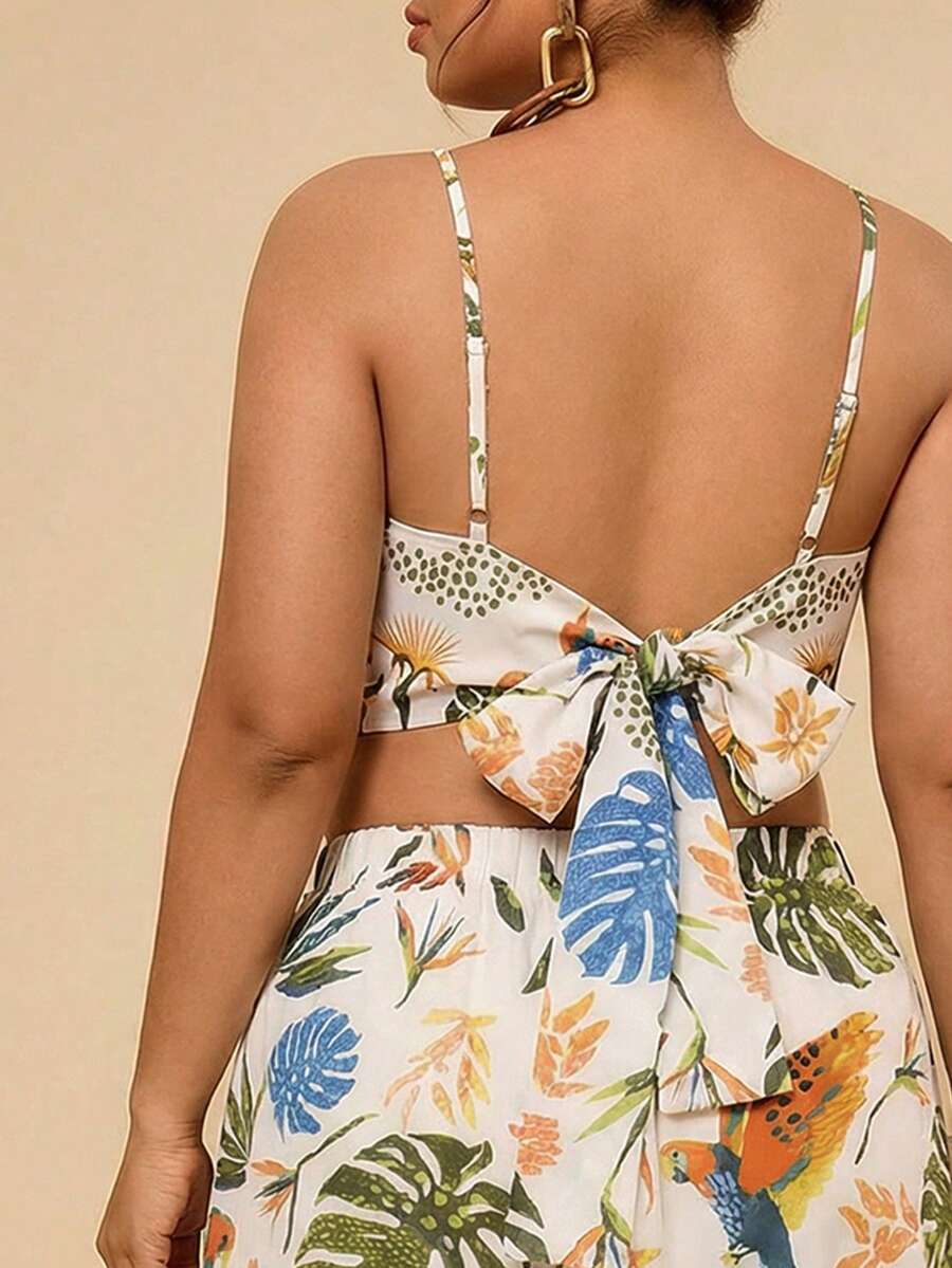 Travachic 大码热带印花露背吊带背心和侧开衩半身裙两件套,休闲度假女士夏季套装,女士夏季两件套,女士夏季服装,女士夏季连衣裙,女士春季连衣裙 - 彩色 - 查看 1