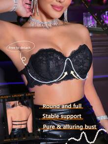 MidnightGlam 1 pieza Ropa interior de mujer, Sujetador de encaje negro con aro, Taza sexy y delgada - Negro - Ver 8