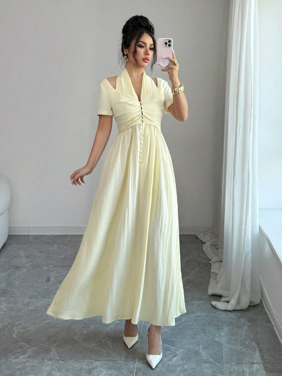 Elenzga 优雅无袖单排扣收腰喇叭连衣裙（女款） - 淡黃色 - 查看 1