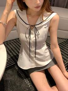 DAZY Women's Collared Sailor Collar Bow Tie Sleeveless Blouse - White - View 10