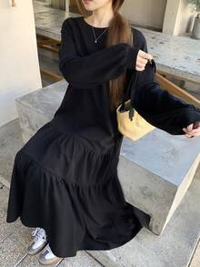 DAZY Đầm nữ cổ tròn màu trơn kiểu Hàn Quốc, viền bèo nhún, dáng dài ngang gối, thích hợp mặc đi hè. - màu đen - Xem 10