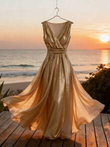 Franclia 女士优雅金属色交叉领无袖褶皱腰身连衣裙，适合派对和宴会场合 - 金色 - 查看 1