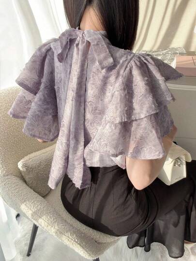 FRIFUL Women's Spring/Summer Floral Print Short Sleeve Tie-Front Ruffle Hem Loose Casual Versatile Blouse