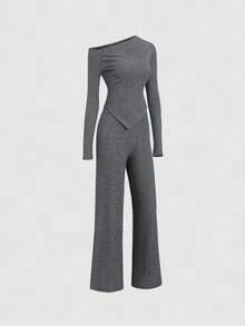 Sweetra 女士不对称肩部毛绒T恤+低腰阔腿裤两件套，冬季休闲家居服 - 深灰色 - 查看 3