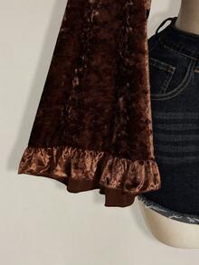 SHEIN ICON 大码女式复古荷叶边系领绿色丝绒衬衫 - 棕色 - 查看 8
