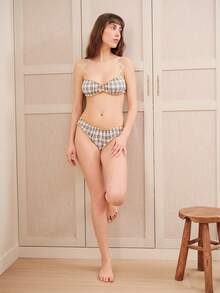 lacRébo Bộ đồ lót kẻ caro nâu và xanh cổ điển, kiểu dáng dễ thương, phong cách Pháp, Paris, mùa xuân hè. - Màu xanh lam - Xem 4