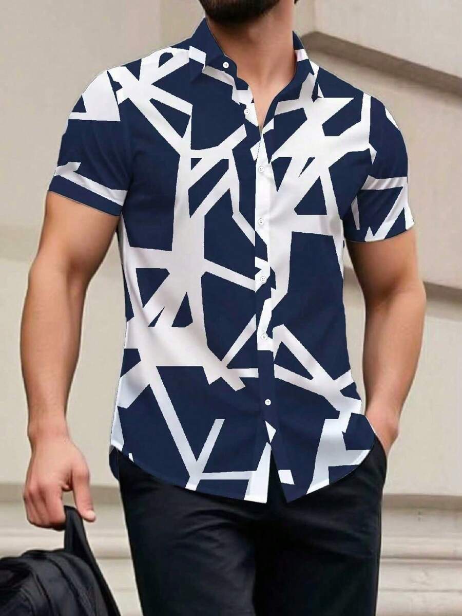 Manfinity Homme Men's All-Over Print Single-Breasted Casual Versatile Daily Wear Short Sleeve Shirt - Navy Blue - View 1