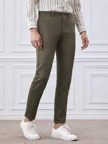Officeau Men's Solid Color Pocket Simple Commuter Casual Pants - Army Green - View 6