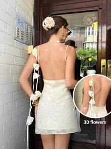 Serisse Đầm ngắn thời trang nữ, hở lưng, cổ chữ V, không tay, họa tiết hoa, khoét eo. - Màu be - Xem 2