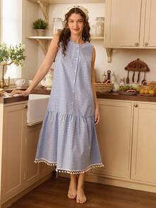 Tulorae Women's Fresh & Cute Plaid Tassel Trim Nightgown - Blue - View 3