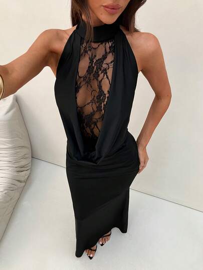 Aloruh Women's New Spring/Summer Solid Black Extra Long Dress, Lace Patchwork Plunging Neckline Dress, High Neck Backless Dress, Elegant Sexy Fitted Mermaid Dress, Party Dress Summer Outfits For Women Summer Clothessummer Outfits Summer Outfit For Women Summer Holiday Outfits Summer Dresses For Women Summer Dress Summer Dresses Holiday Outfits Summer Holiday Outfits Beach Vacation Outfits For Women Dress Women's Dress Dresses Elegant Dresses For Party Dresses For Women Summer Dresses For Women Wedding Party Dress Wedding Guest Dress For Women