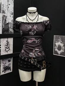 EgrlEra Women's Cashew Flower Print Off-Shoulder Fitted T-Shirt - Black - View 1