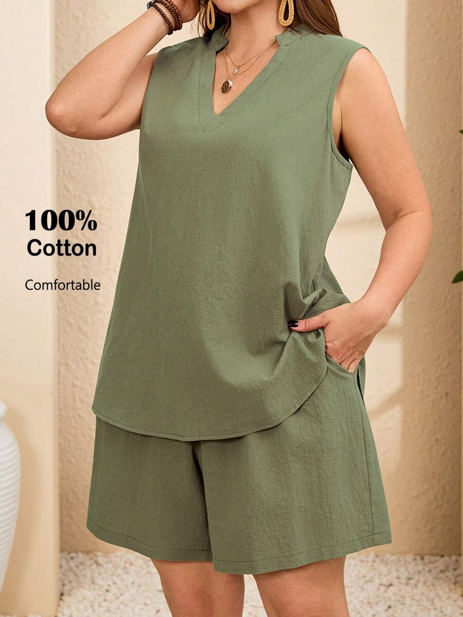 EMERY ROSE 2pc Set Plus Size Women's Summer Casual Vacation Country Solid Color Green V-Neck Sleeveless Blouse Top Shirt And Shorts Casual 2-Piece Set With Pockets,Summer Outfits For Women ,Vacation Outfits Women ,Holiday Outfits For Women,Going Out Outfits,2026 New Clothes,Simple And Fashionable For Everyday Wear,Suitable For Summer, Vacation, Daily Wear, Festival Outfits For Women,Country Concert Outfit,Beach Outfits For Women,Western Style - Army Green - View 1