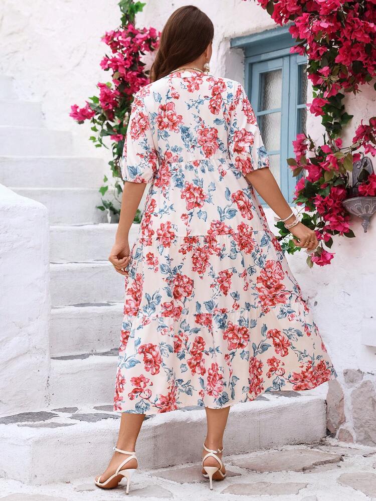 Plus Size Women Casual Floral Print Dress,Summer Outfits For Women Floral Dresses For Women Online Women Dresses Tea Party Dresses Elegant Floral Dresses Womens Floral Dresses