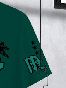 Manfinity RSRT Men's Retro American Street Style Letter M & NY Palm Tree Graphic Round Neck Casual Suit, Men's Round Neck Vacation Casual Suit - Green - View 4