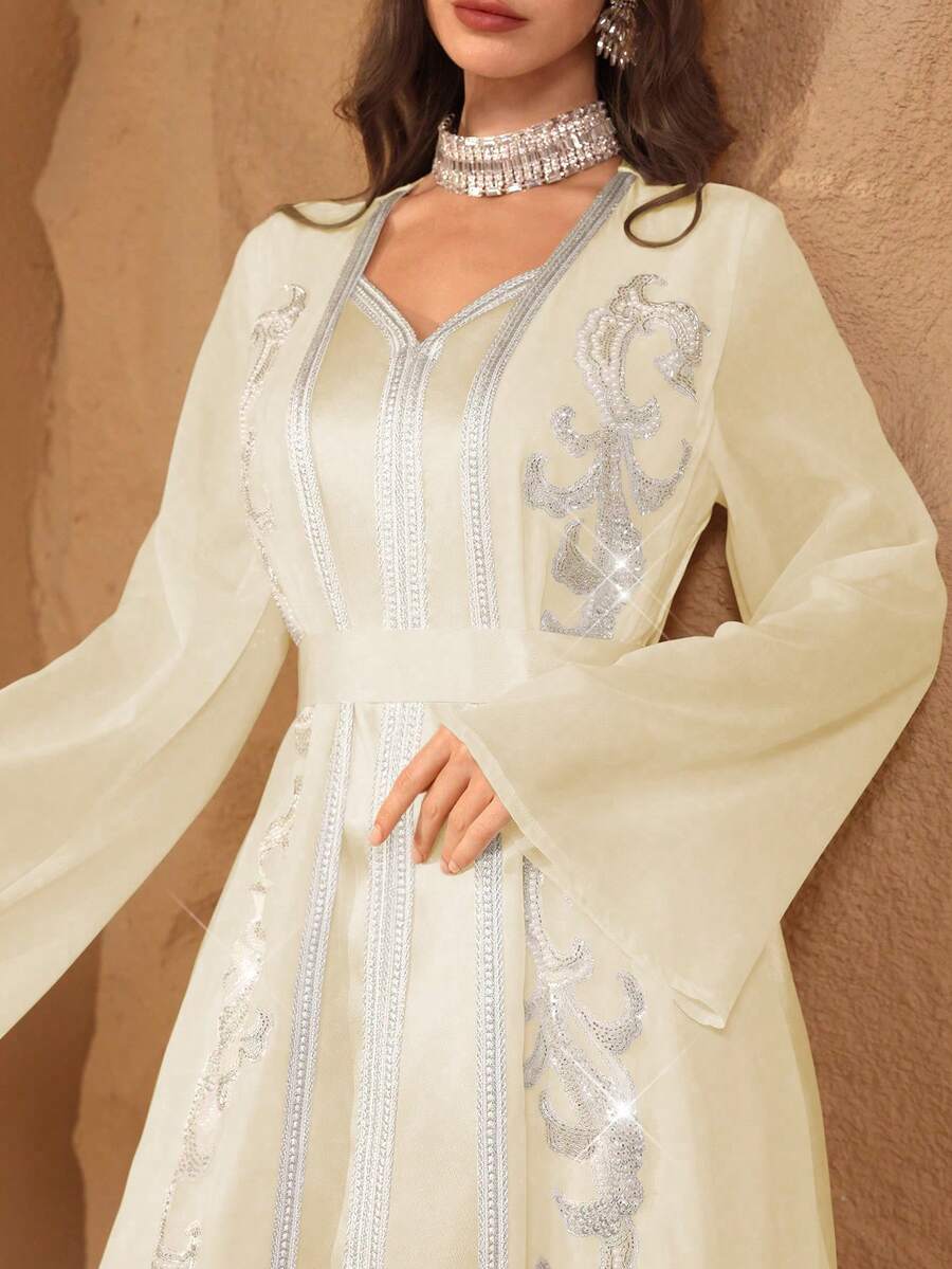 Al Najma Đầm 2 trong 1 thanh lịch, màu trơn, trang trí bằng ruy băng satin, điểm xuyết hoa 3D sang trọng, ôm eo. - Màu be - Xem 1