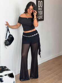 Coolane 女士加大码春夏街头风酷炫百搭复古抽绳喇叭裤，侧边抽绳设计 - 黑色 - 查看 2