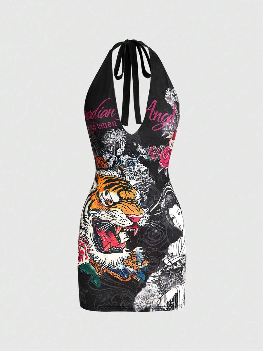 ROMWE Y2K Shibuya Gyaru Tiger Geisha Print Halter Neck Sexy Mini Dress For Women - Black - View 1