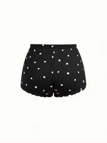 Heart Print Contrast Binding Bow Front PJ Set / Pajama Set - Black - View 6