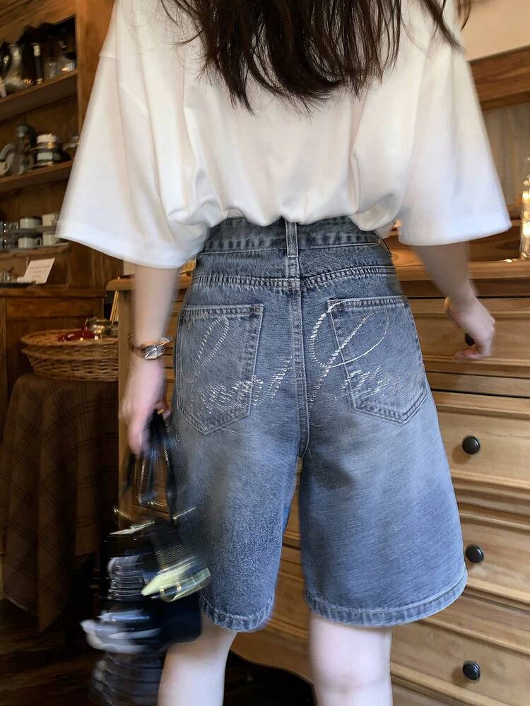 Women's Retro Washed Distressed Rhinestone Embellished Casual Denim Shorts Summer Jorts