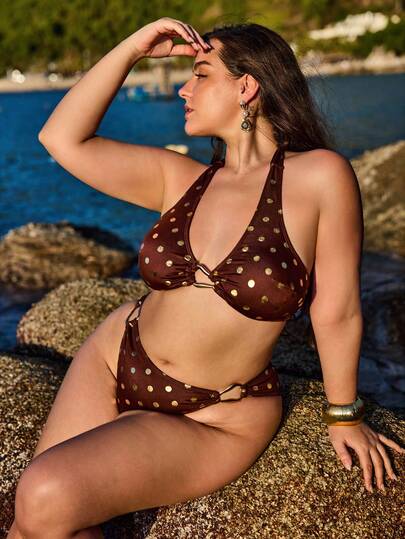 Swim Chiccia Plus Size Women's Gold Foil Polka Dot Halter Bikini Set, Made Of Special Fabric, Elegant European And American Style
