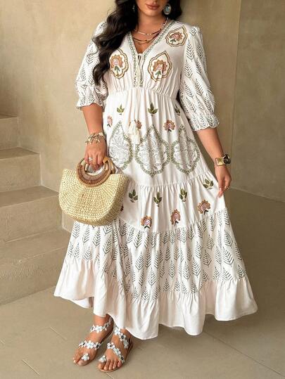 Ceyna 大码女式法式休闲优雅印花七分袖V领连衣裙