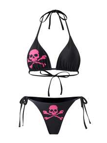 ROMWE Goth 女士休闲度假沙滩派对优雅骷髅图案抽绳蝴蝶结比基尼两件套泳衣 - 黑色 - 查看 5