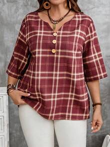 EMERY ROSE Plus Size Women Plaid V-Neck Casual Versatile Daily Wear Shirt - Burgundy - View 1