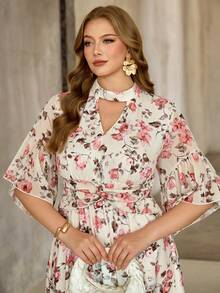 Roveilla Plus Size Pink Floral V-Neck Ruffle Sleeve Cinched Waist Maxi Dress,Elegant Summer French Style Wildflower Cottagecore Modest Easter Tea Party Outfit - Apricot - View 3