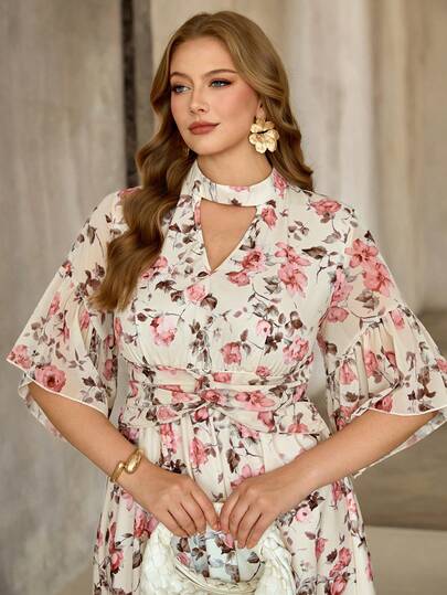 Roveilla 大码V领荷叶袖收腰印花度假长裙，春夏款