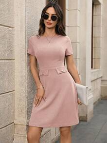 EMERY ROSE Women's Elegant Solid Color Waist Cinched Short Dress, Summer Pink Women Dresses Casual - Dusty Pink - View 7