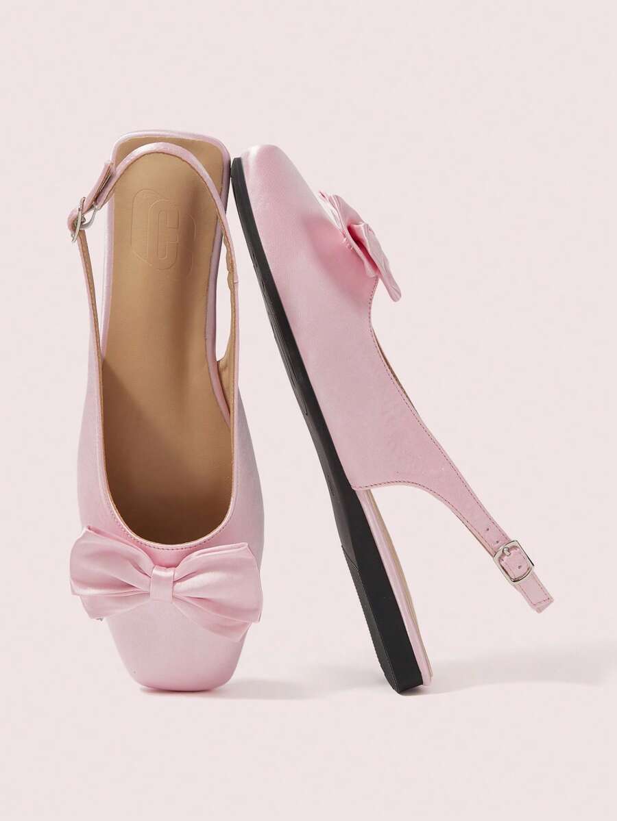 CUCCOO DOLLMOD Pink Satin Bow Slingback Square Toe Back Tripple Flat Mary Jane Flats - Pink - View 1