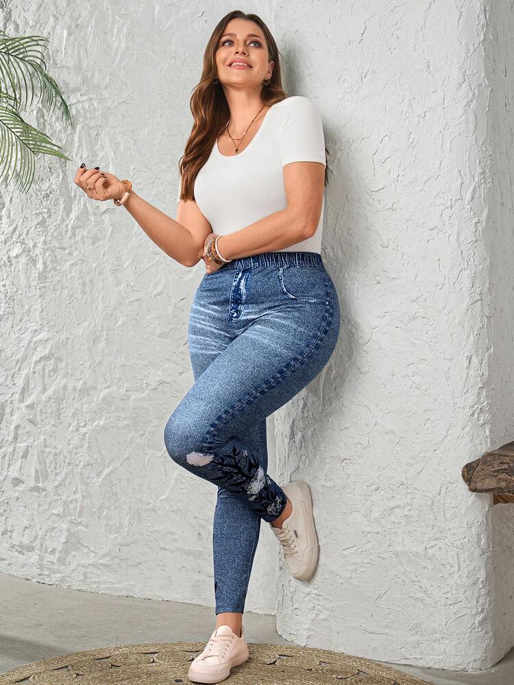 Plus Size Women's Summer Casual Vacation Country Faux Denim Effect Print Floral Print  Flowers Elastic Waist Casual Blue Leggings,Summer\Vacation,Summer Holiday,Spring Break Outfits ,Vacation Outfits Women ,Holiday Outfits For Women,Going Out Outfits,2026 New Clothes,Simple And Fashionable For Everyday Wear,Suitable For Summer, Vacation, Daily Wear