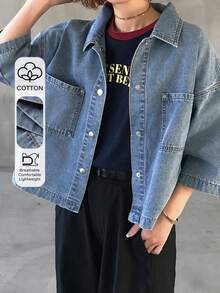 FRIFUL Blusa vaquera holgada de verano con botones y bolsillo parche, estilo casual lavado para mujer - Azul - Ver 1