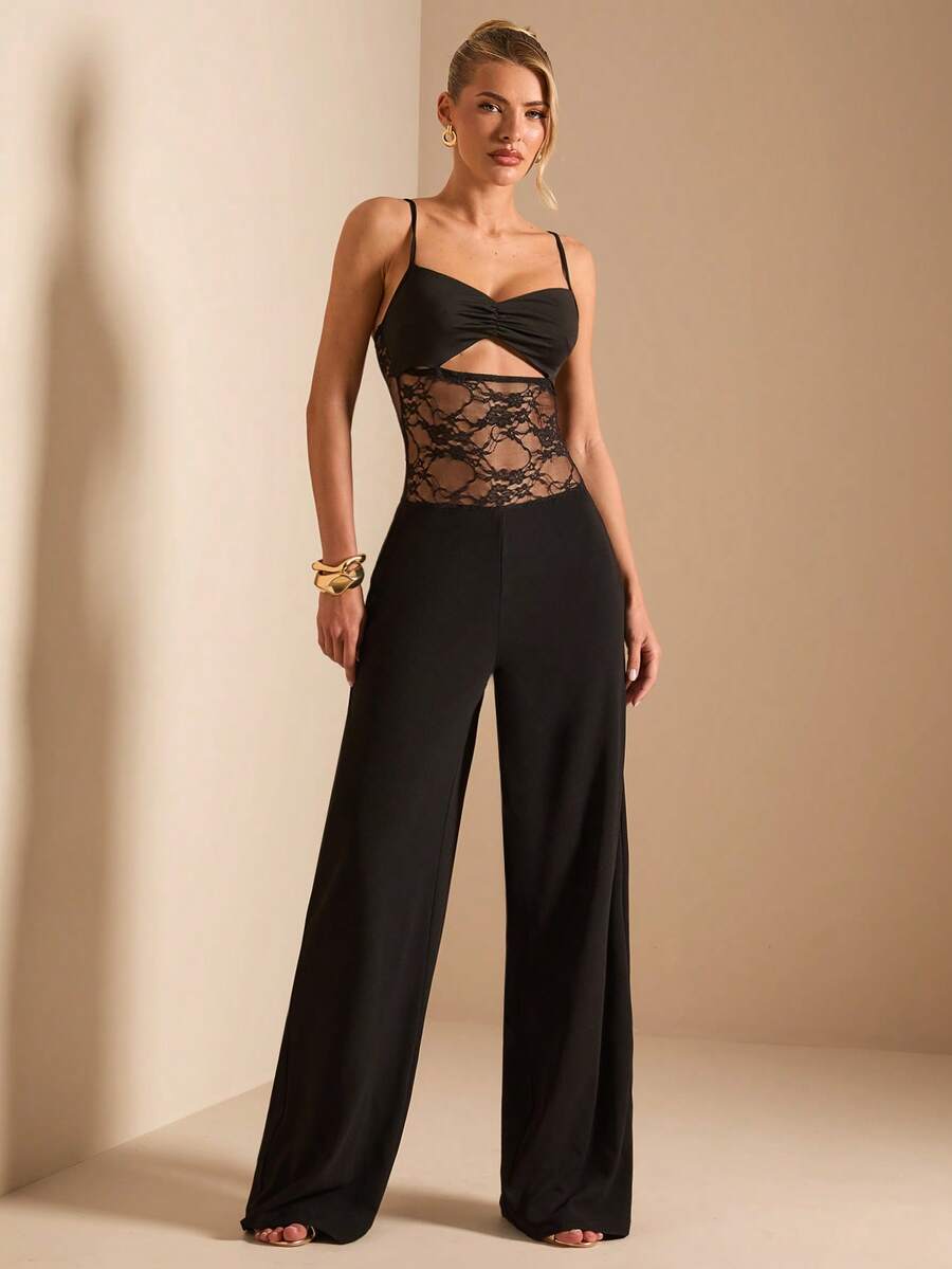 SHEIN BAE Khaki Sexy Off-Shoulder Lace Jumpsuit Top, Hollow-Out Lace Elegant Jumpsuit For Nightclub, Women - Black - View 1
