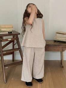 DAZY Girls (Small) Korean Style Summer Sleeveless Blouse Top And Wide Leg Casual Pants Set - Apricot - View 3