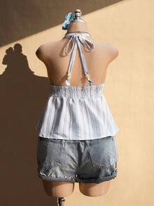 SHEIN ICON 大码V领露背系带蝴蝶结条纹吊带衫，休闲条纹娃娃衫，夏季度假，沙滩装 - 藍白色 - 查看 12