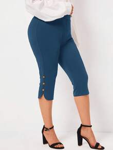 EMERY ROSE Plus Size Women's Spring/Summer Black Ripe Elegant Button Embellished Slim Fit Mom Pants - Blue Day - View 3