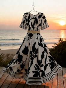 GlowEve Women's Elegant Leaf Print V-Neck Short Sleeve Dress, Summer - Multicolor - View 1